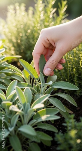 Golden hour graze: gentle fingers harvest herb.