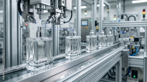Perfume bottles moving on automated conveyor with robotic arm in modern cosmetic factory for industrial production and packaging.