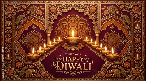 Ornate Diwali Celebration with Row of Lamps and Traditional Indian Decor