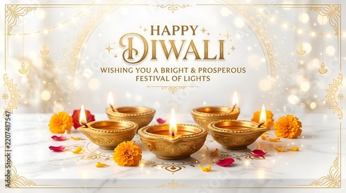 Happy Diwali: Glowing diyas and marigold flowers on marbled surface, festive lights bokeh