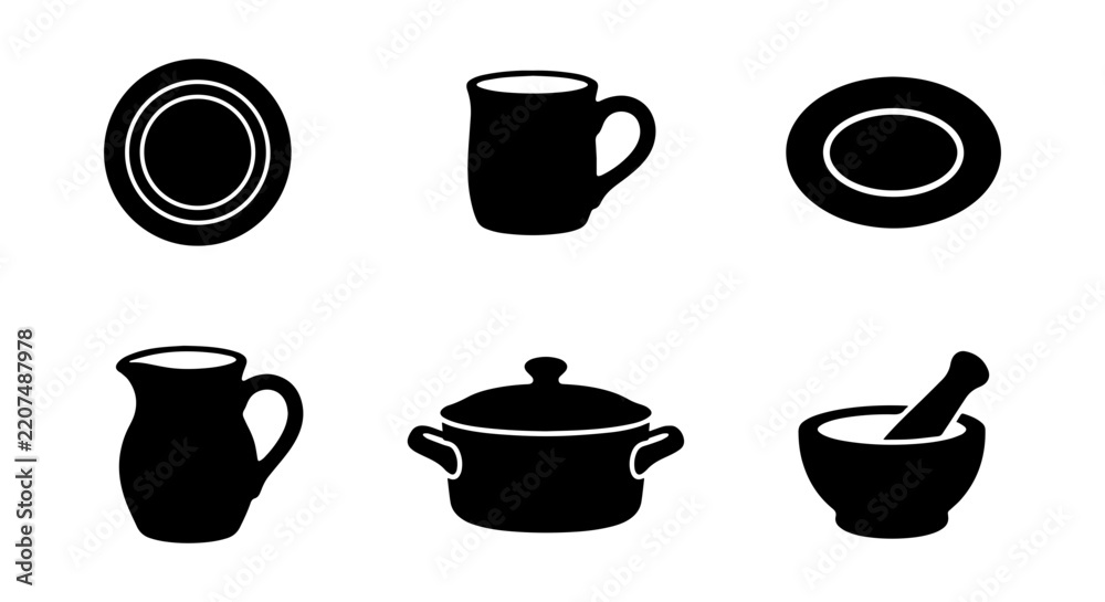 Fototapeta premium Kitchenware Icons Set, Ceramic Mug, Plate, Pitcher, Cooking Pot, Mortar Pestle, Vector Graphics
