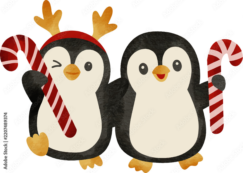 Fototapeta premium Cute Christmas penguins holding candy canes one wearing reindeer antlers celebrating winter holidays with festive cheer and watercolor style