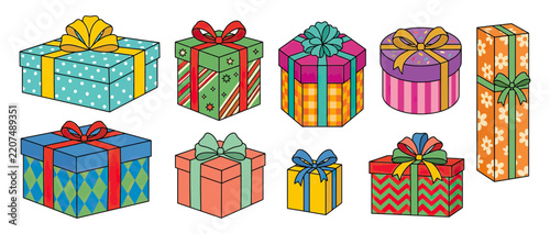Collection of colorful gift boxes with ribbons and bows