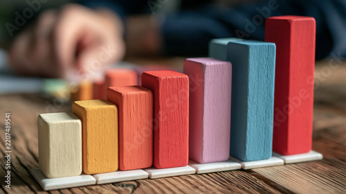Bar chart with ascending bars: A visually engaging bar chart made of colorful wooden blocks represents growth and progress, set against a rustic wooden background.