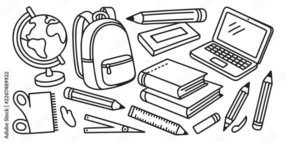 Fototapeta premium School supplies doodle vector set with backpack globe laptop books pencils ruler and notebook perfect for back to school educational designs.