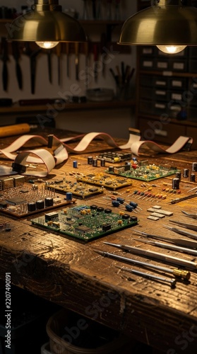 Intricate Circuit Boards and Electronic Components on Rustic Wooden Workbench in Workshop, Warm Ambient Lighting, Tools and Cables Neatly Arranged, Capturing Precision and Craftsmanship