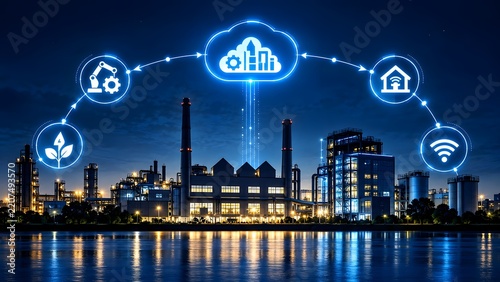 Smart factory industrial complex with glowing digital network connecting to cloud representing industry 4.0 automation and connectivity