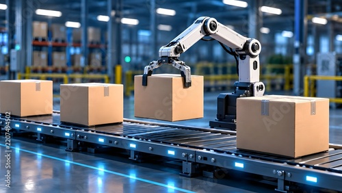 Automated robotic arm picking up cardboard box on a conveyor belt in a modern warehouse or factory symbolizing logistics and automation