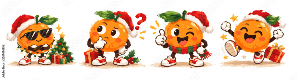 Obraz premium Cute Orange Christmas Character Set with Santa Hats