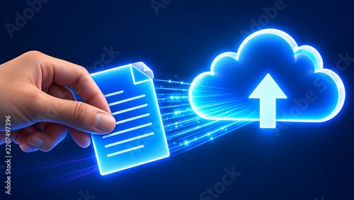 Hand interacting with virtual interface to upload digital document file directly into a secure glowing cloud computing storage system