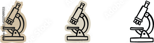 Microscope scientific research laboratory scrapbook doodle sticker icon set. hand drawn optical scope, biology analysis, medicine, and chemistry discovery elements