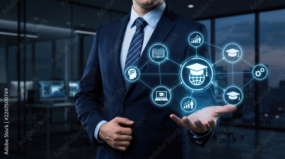 Obraz premium Professional presenting interconnected education technology concepts
