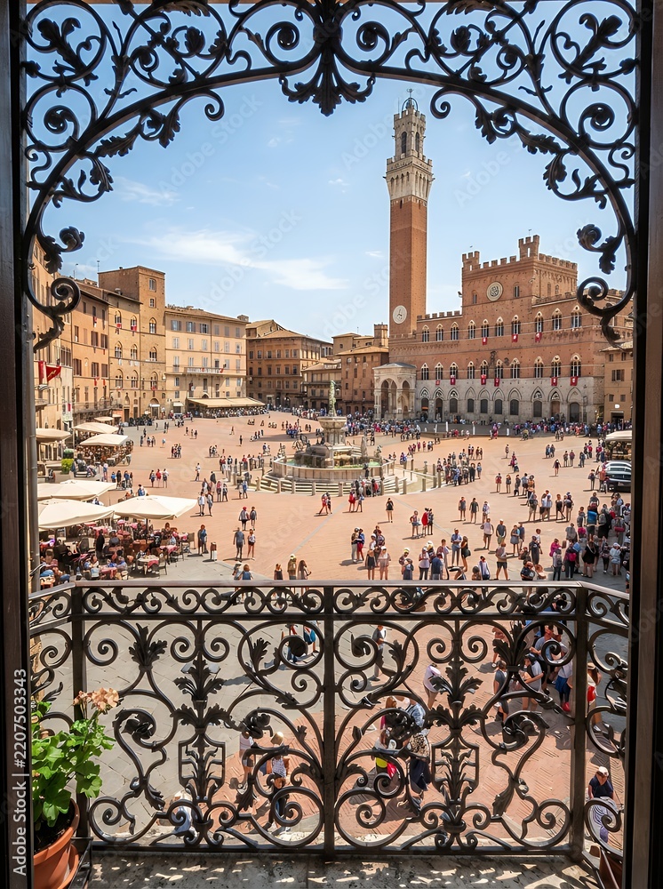 Fototapeta premium View of Piazza del Campo in Siena Italy through ornate wrought iron balcony.