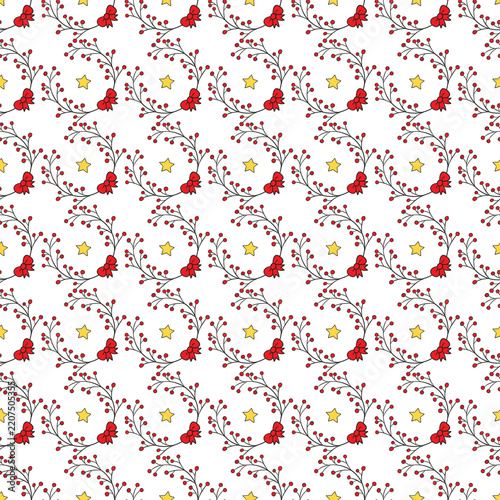 Christmas Wreath Pattern With Red Berries, Bow and Gold Stars Seamless Holiday Background