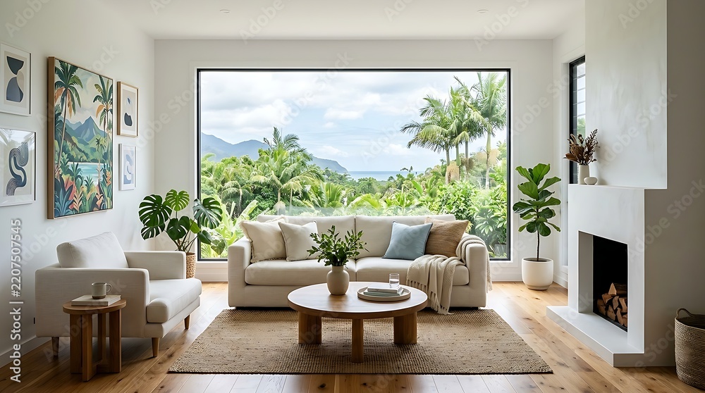 Fototapeta premium Living room with ocean view fireplace and natural decor