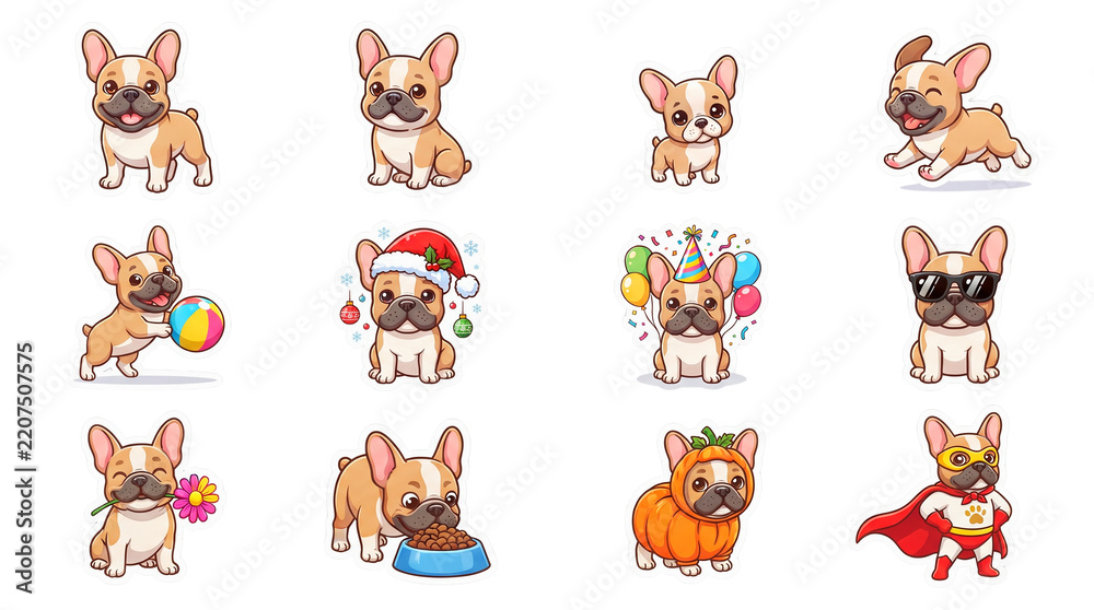 Fototapeta premium Cute French Bulldog Clipart Vector Set, 12 Isolated Poses and Themes Grid Sheet for Design Isolated on Transparent Background PNG