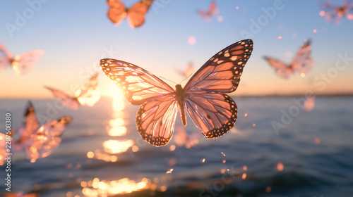 orange butterflies fluttering above sparkling ocean water at sunset illustrating nature wildlife migration and delicate wing beauty
