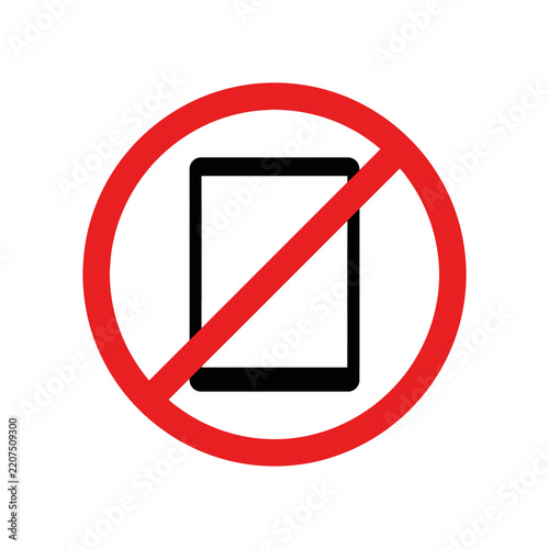 Prohibitive warning label with simple black tablet computer silhouette inside red crossed out circle restricts device usage in quiet or secure areas.