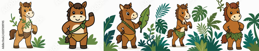 Obraz premium A set of cute and adorable vector horses standing and dressed in Tarzan jungle costumes.