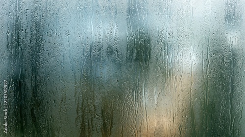 Close-up of wet glass window with water droplets and blurred background creating abstract rainy weather effect and textured surface detail