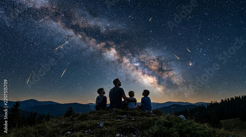 Family watching the Milky Way and meteor shower in the mountains