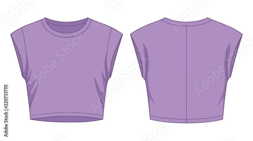 Lilac Sleeveless Muscle Tee Crop Top Technical Fashion Flat Sketch Template for Apparel Design Front and Back View