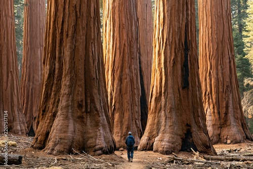 Forest trail with a hiker walking among ancient giant trees in a majestic park