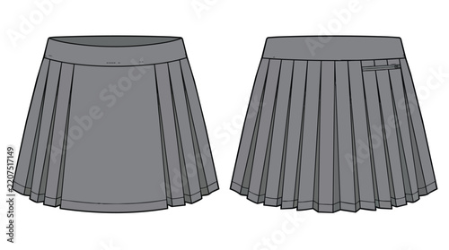 Technical fashion drawing of a grey pleated tennis skirt for women front and back views for design template