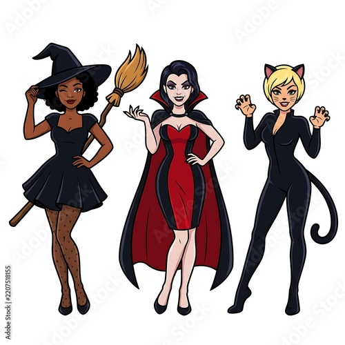 Three women in Halloween costumes witch vampire and cat girl
