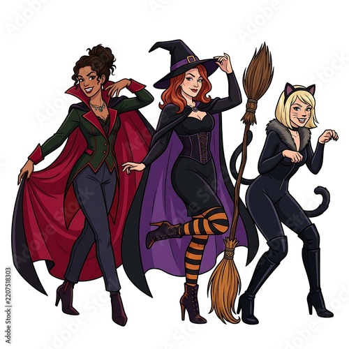 Three women in Halloween costumes witch vampire and cat girl
