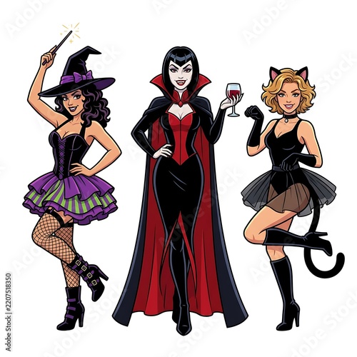 Three women in Halloween costumes witch vampire and cat girl

