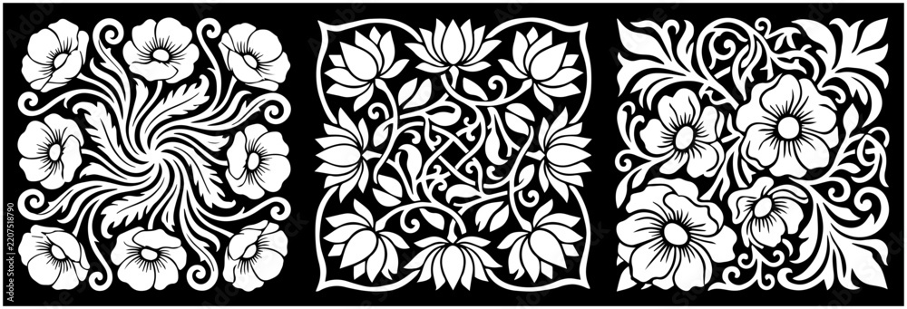 Fototapeta premium floral pattern ornament vintage botanical flower leaf square print border design lotus poppy sunflower daisy motif repeat graphic retro ornate nature artwork detailed traditional elegance template