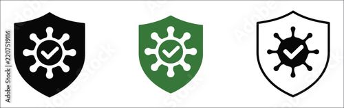 Shield virus protection icons set, with checkmark symbol, coronavirus safety, healthcare, and security design.