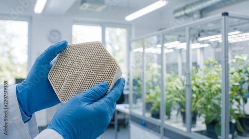 Obraz na plátně Scientist holding ceramic honeycomb filter substrate in laboratory with indoor p