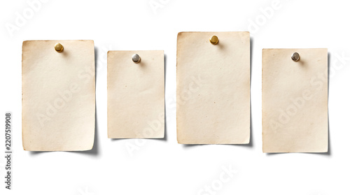 Obraz na plátně Vintage Blank Paper Notes with Pushpins, Aged Memo Sheets and Antique Parchment