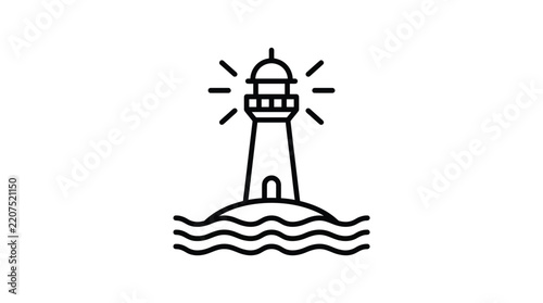 Minimalist black outline lighthouse vector icon featuring glowing light rays and ocean waves illustration