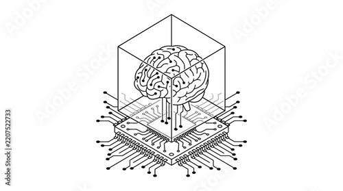 Artificial intelligence brain encased in glass isometric wireframe circuit board vector line art