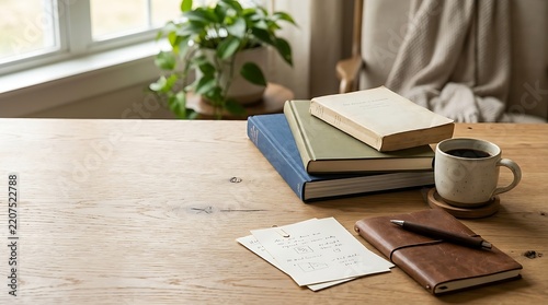 Cozy desk with books, coffee, and notebook for a quiet moment of reflection