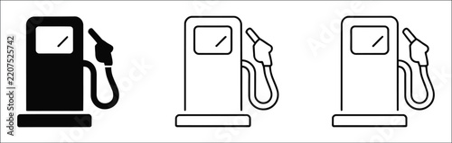 Gas station pump fuel refill nozzle icon set, black linear petrol dispenser symbols, gasoline service equipment, transparent background vector illustration.