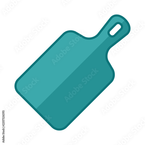 A flat, stylized teal cutting board with a handle and shadow.