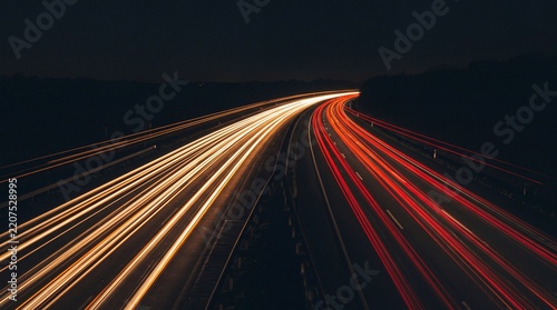 Long exposure light trails on a highway at night with red and yellow vehicle headlight streaks