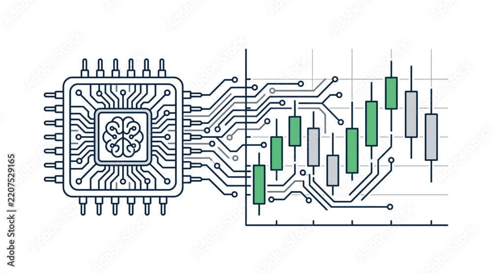 Obraz premium Artificial Intelligence Microchip Integrated With Financial Trading Chart Analysis.