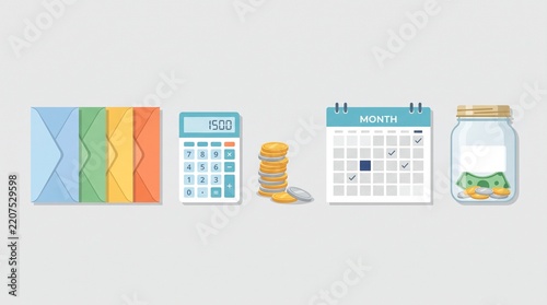 Household budget planning with calculator savings and calendar
