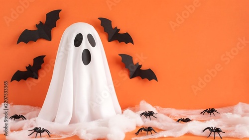 Cute white ghost figure made of fabric standing on orange background with black paper bats and plastic spiders in cotton cobwebs for spooky halloween decor.