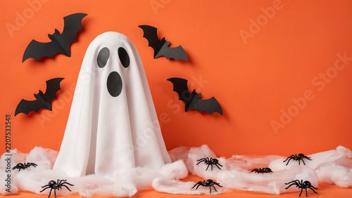 Halloween ghost with paper bats and spiderwebs on orange background with cotton for creepy holiday decoration design.