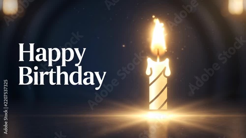 A glowing birthday candle illuminates a dark, arched background with 'Happy Birthday' text, creating a warm celebratory atmosphere.