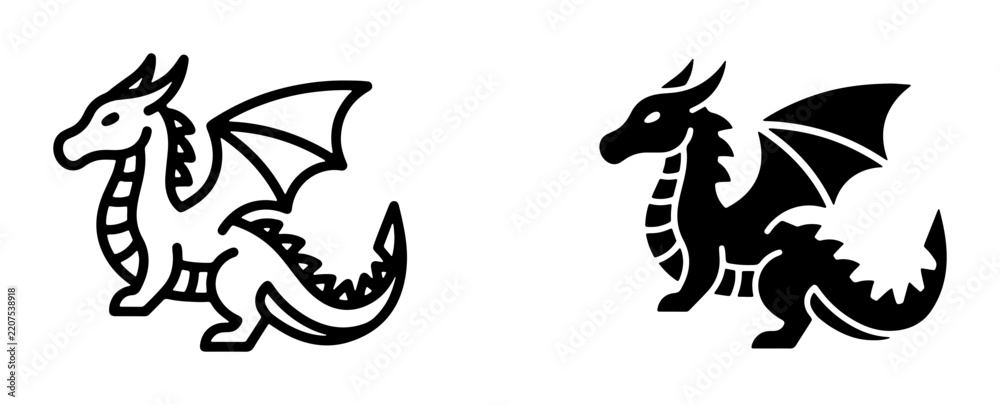Fototapeta premium Dragon silhouette and line icon set for mythology and fantasy