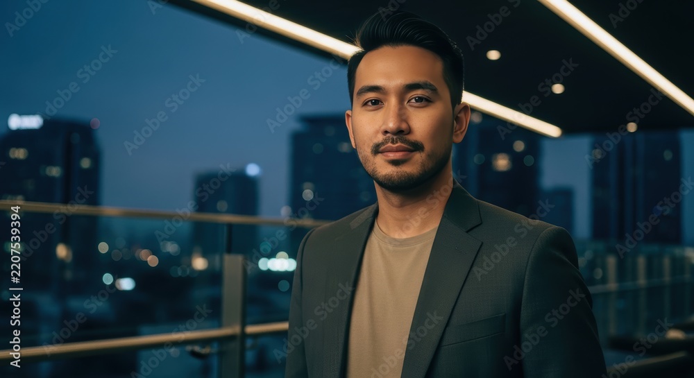Fototapeta premium Young asian man in suit standing on balcony at night