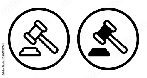 Gavel and sound block icons set for law and justice, auction or court symbol