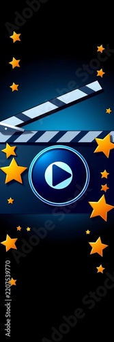 Vector art illustration of a classic film clapboard with a circular play button at its center, surrounded by stylized stars in various sizes and orientations, clapboard, graphicdesign
